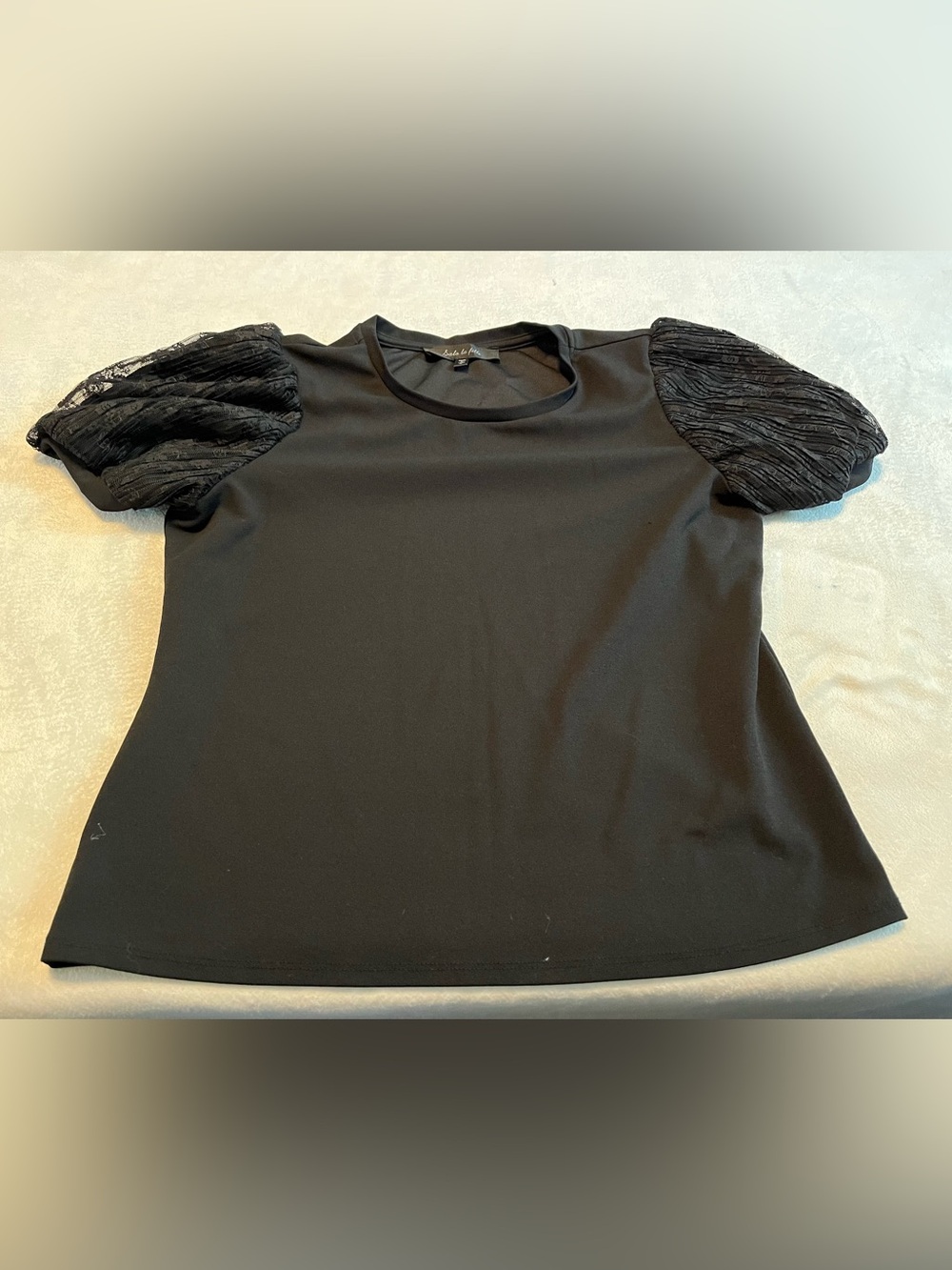 Black Puff Sleeve Top with Textured Sheer Sleeves